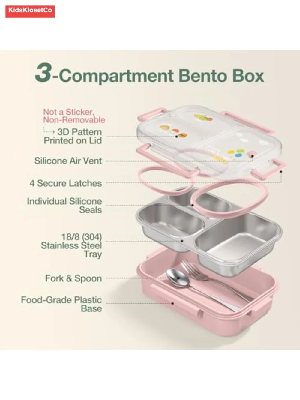 Stainless Steel Leak Proof 3-Compartment Bento Lunch Box with Fork & Spoon for